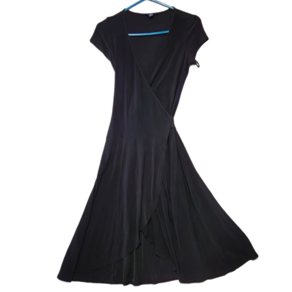 Chaps Wrap Dress Womens Medium Black Cap Sleeve V-Neck Flared Jersey Knit